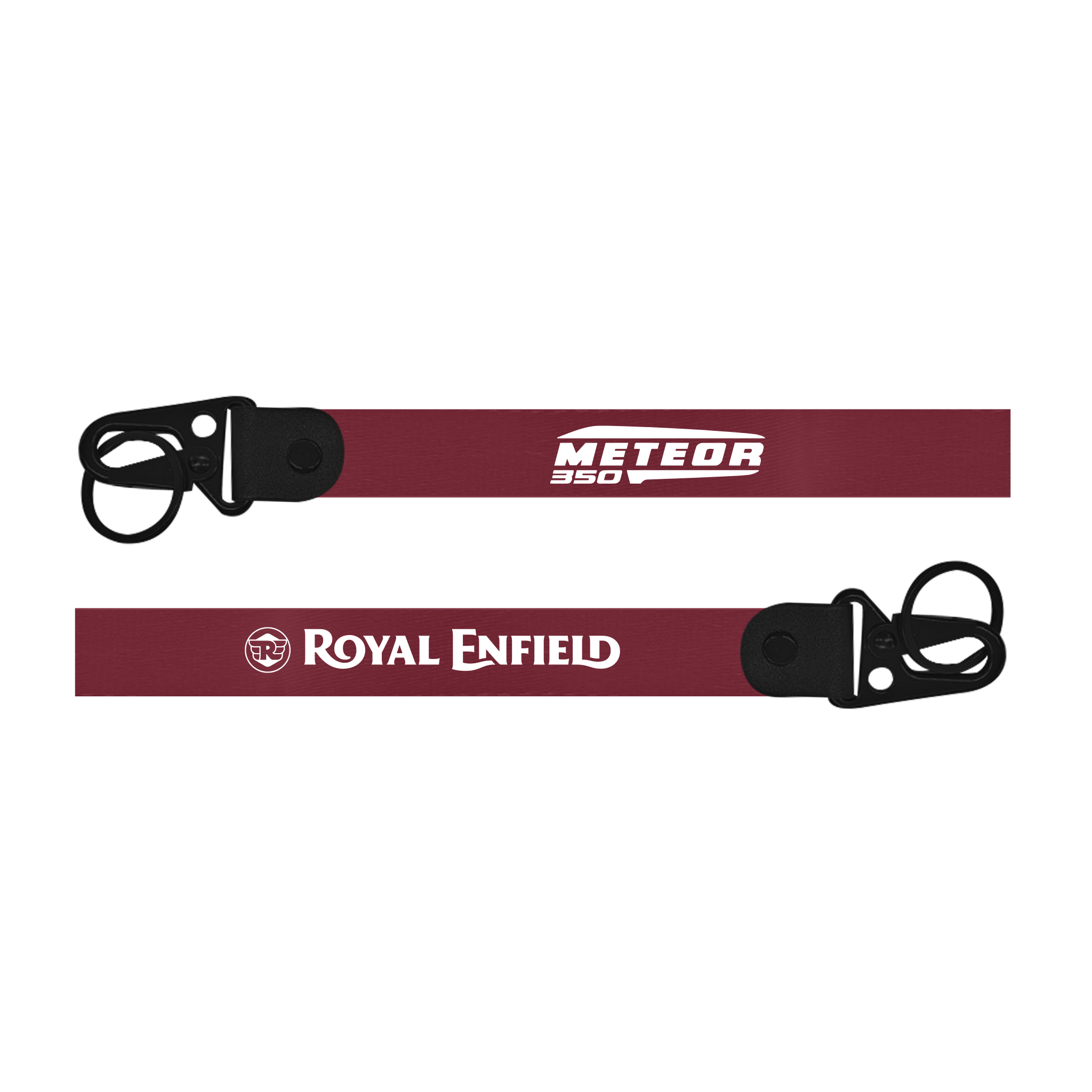 Two maroon lanyards with 'Meteor 350' and 'Royal Enfield' branding on a white background.