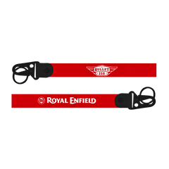 Red lanyard with 'Royal Enfield' branding on a white background