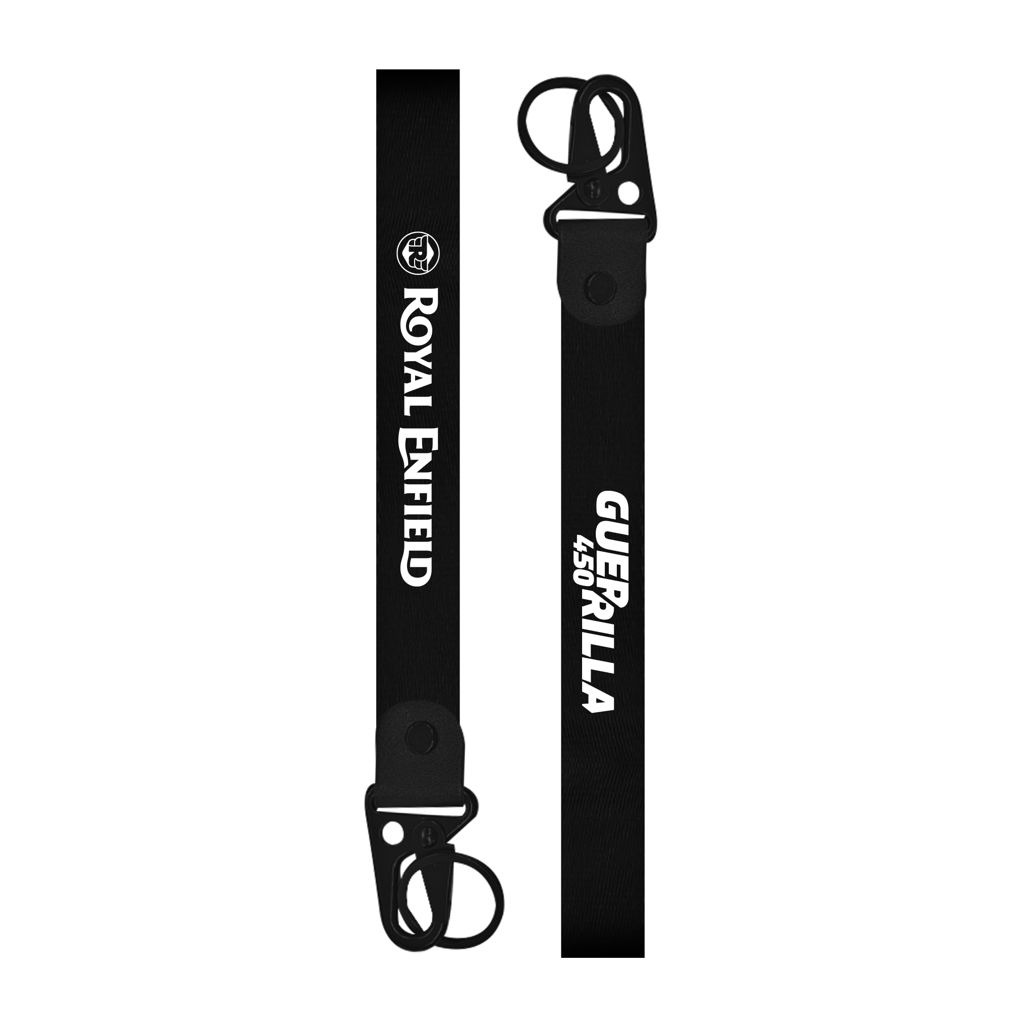 Two black straps with 'Guerilla' and 'Royal Enfield' branding on a white background