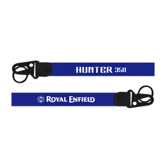 Two blue straps with 'Hunter 350' and 'Royal Enfield' branding on a white background.