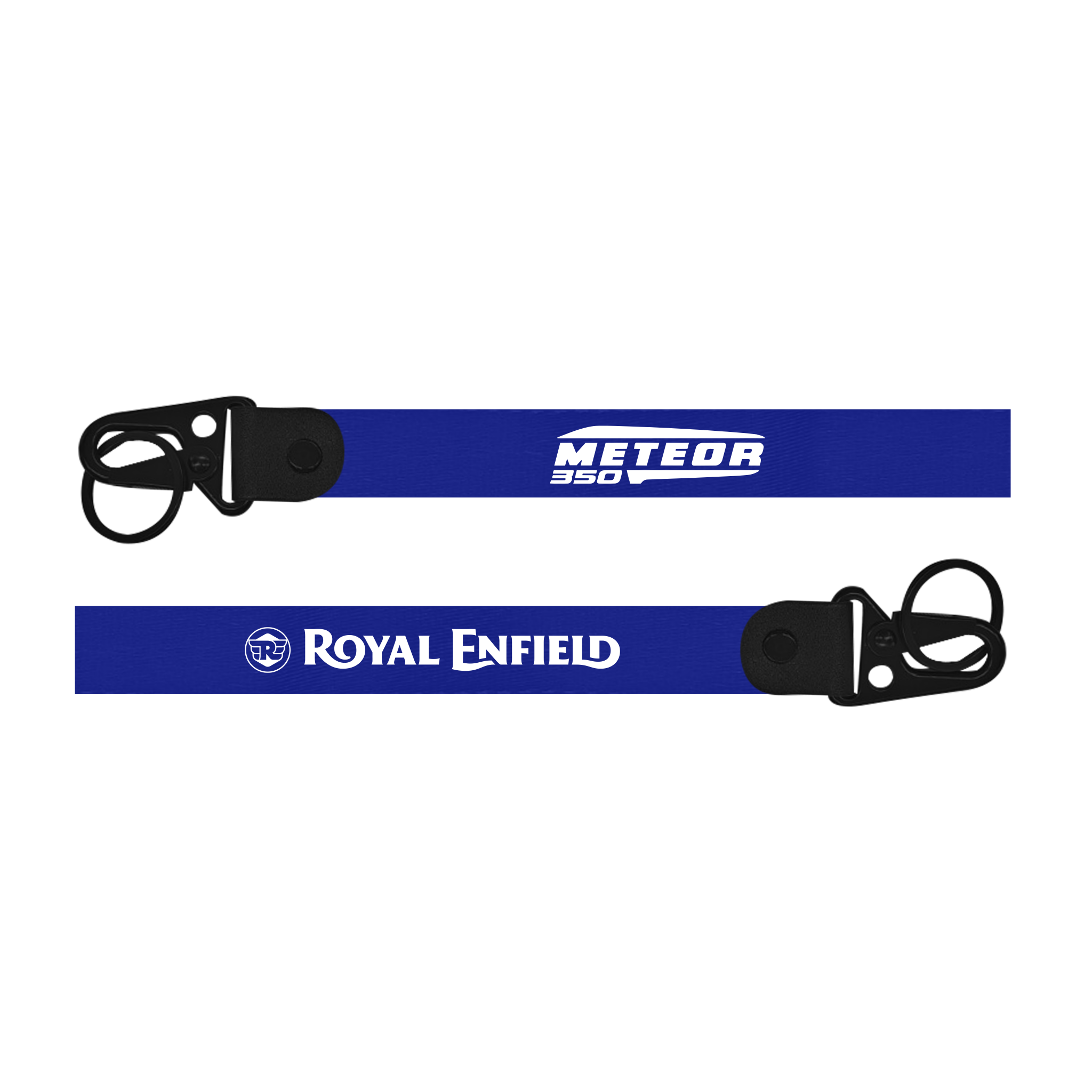 Two blue lanyards with 'Meteora' and 'Royal Enfield' branding on a white background.