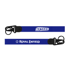 Two blue lanyards with 'Meteora' and 'Royal Enfield' branding on a white background.