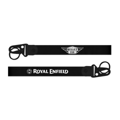 Two black leather straps with Royal Enfield branding on a white background