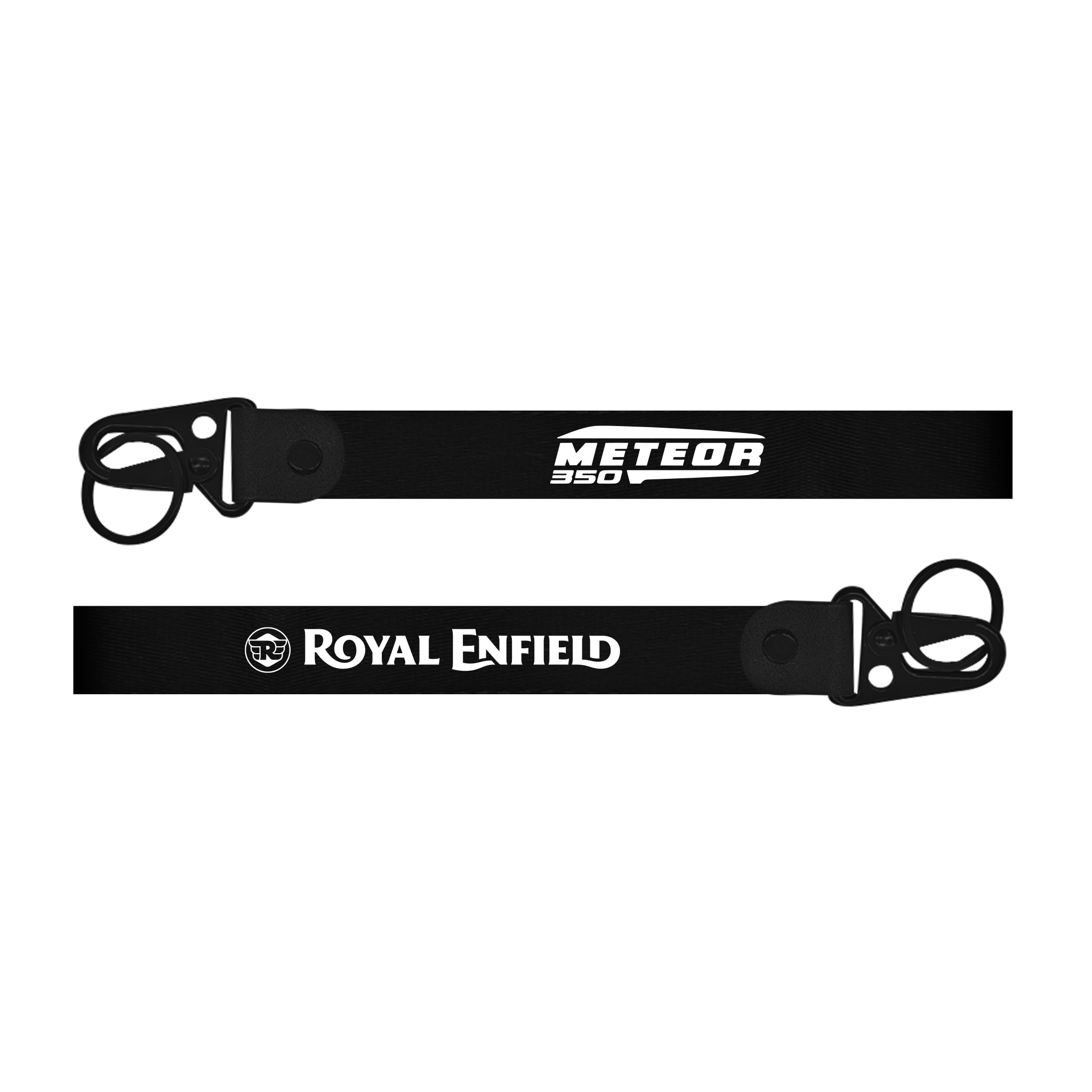 Two black leather straps with 'Meteor 350' and 'Royal Enfield' branding on a white background.
