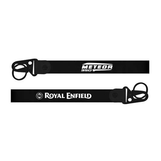 Two black leather straps with 'Meteor 350' and 'Royal Enfield' branding on a white background.