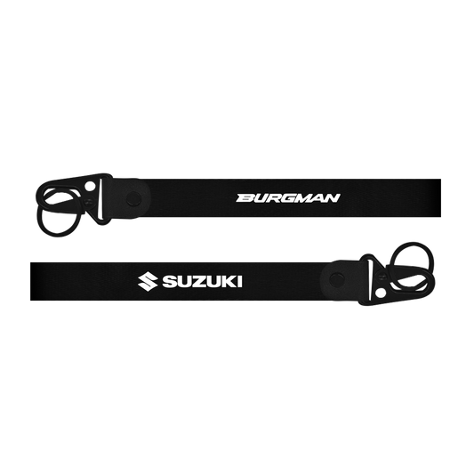 Two motorcycle chains with 'Burgman' and 'Suzuki' branding on a black background