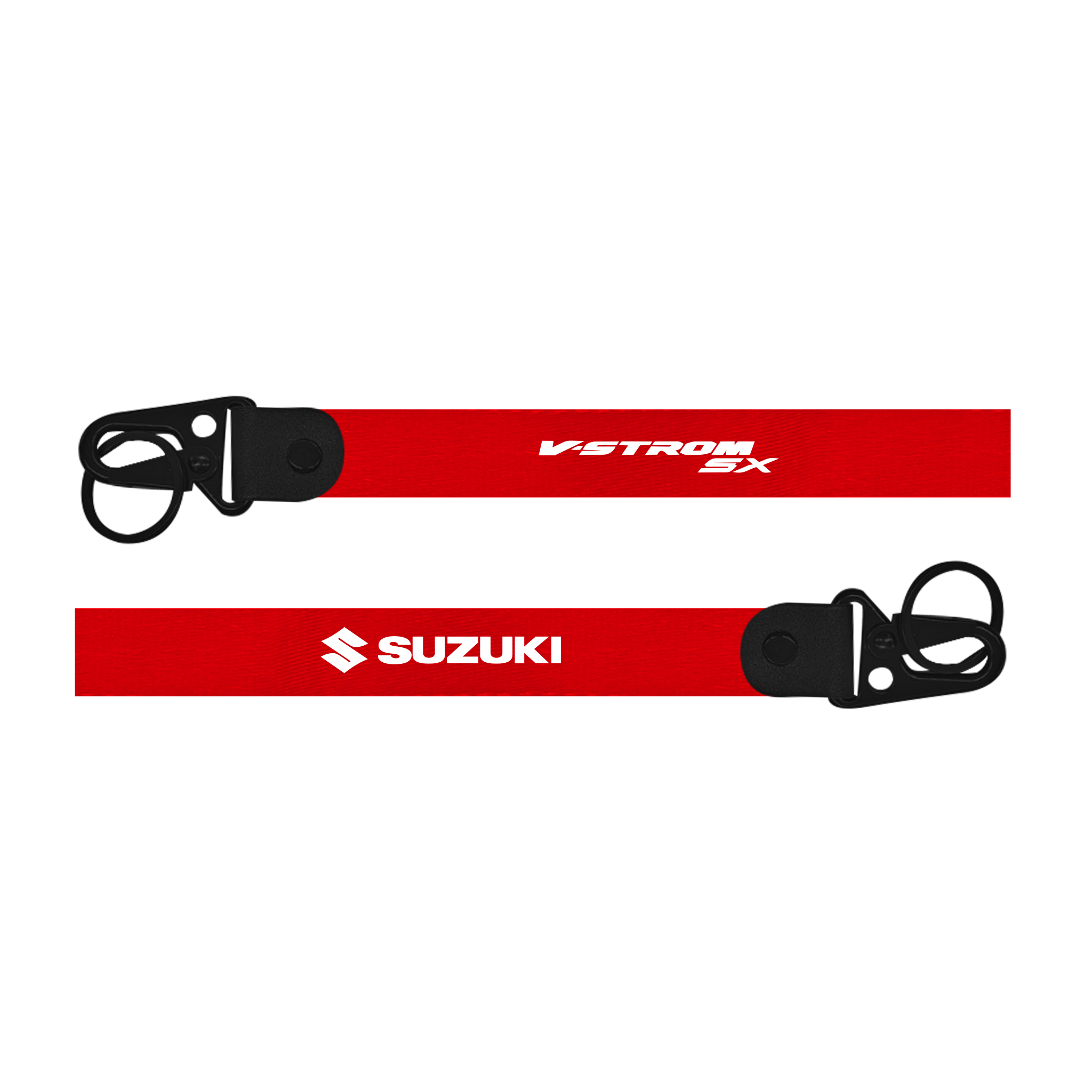 Two red straps with Suzuki and V-Strom SX branding on a white background