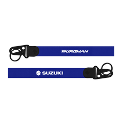 Two blue straps with 'Burgman' and 'Suzuki' branding on a white background