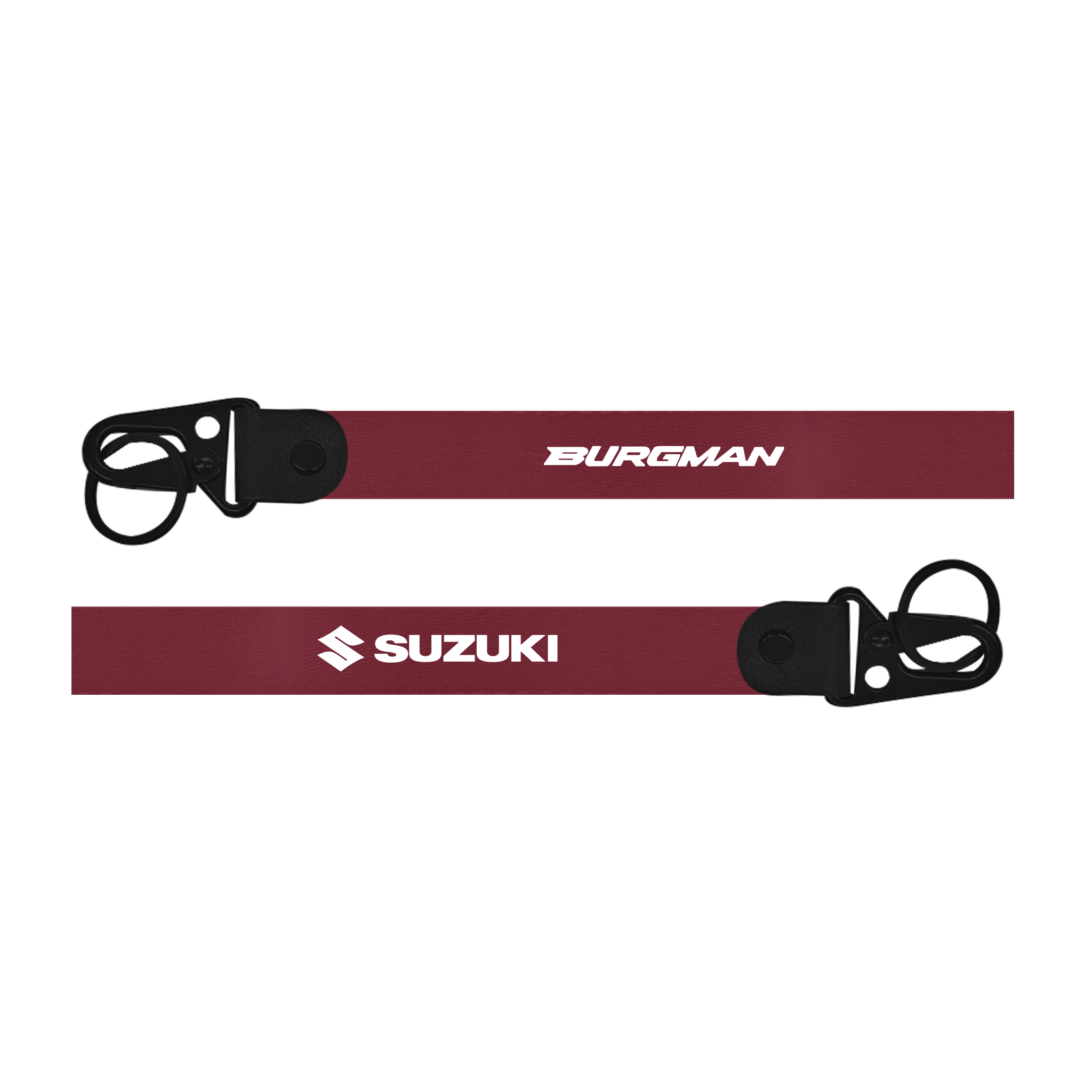 Two maroon straps with 'Burgman' and 'Suzuki' branding on a white background