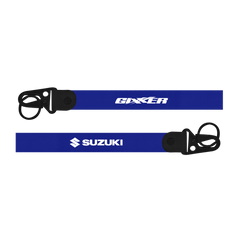Two blue lanyards with 'Gixxer' and 'Suzuki' branding on a white background