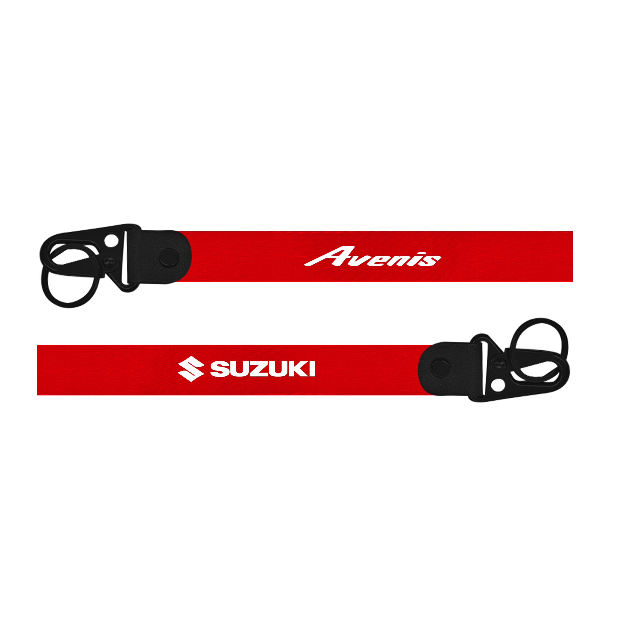 Two red lanyards with 'Avenis' and 'Suzuki' logos on a white background