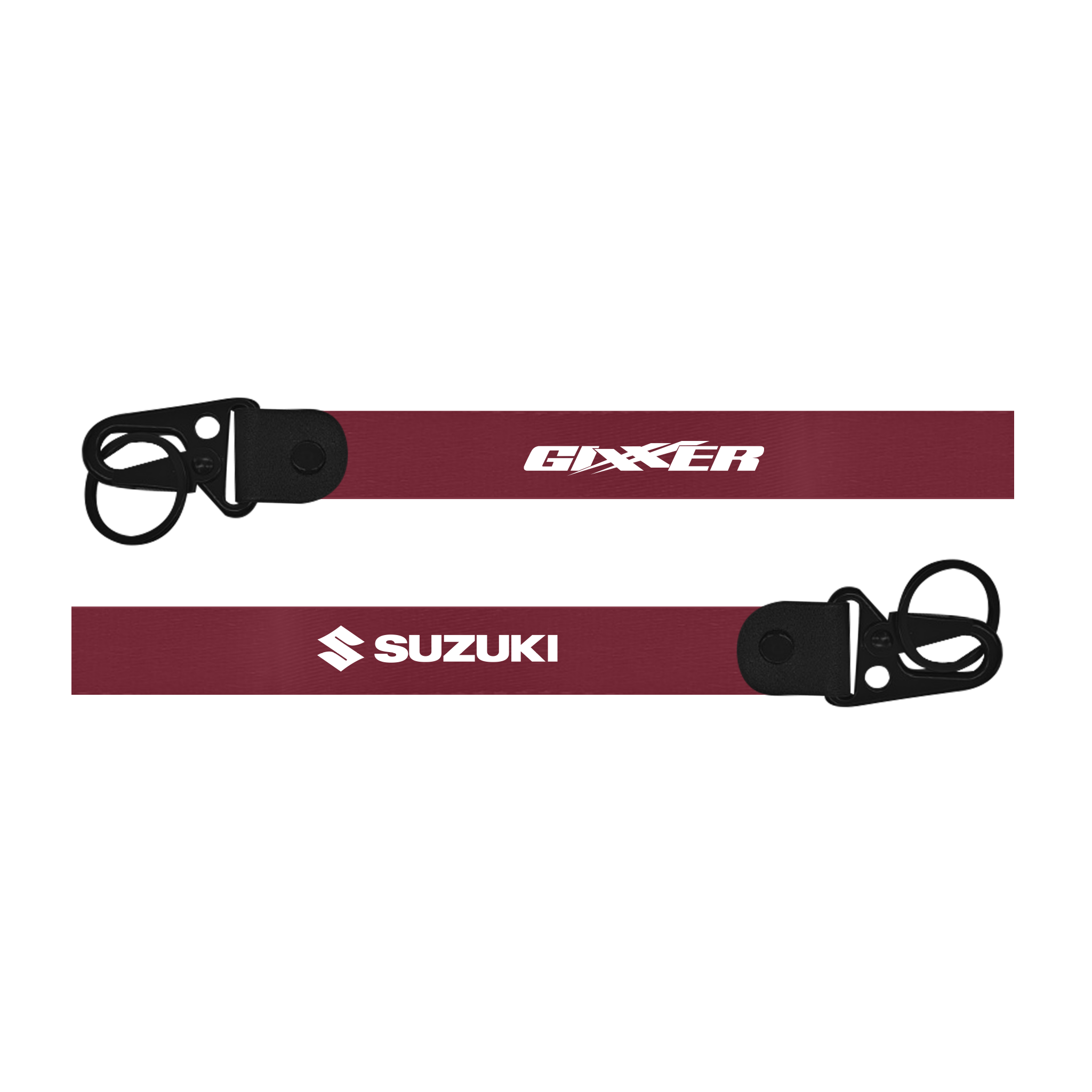 Two red straps with 'Gixxer' and 'Suzuki' branding on a white background