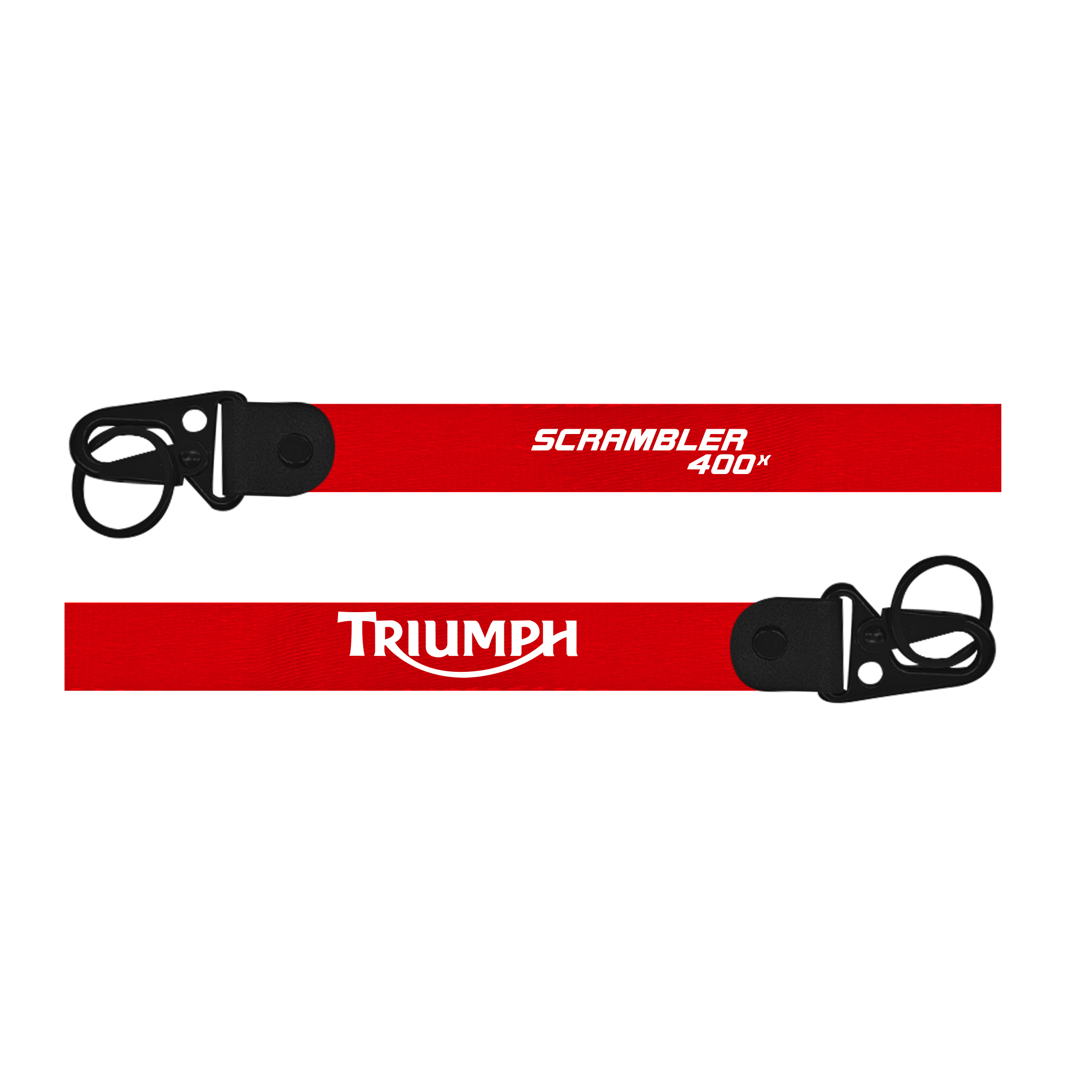 Two red lanyards with 'Scrambler 400x' and 'Triumph' branding on a white background.