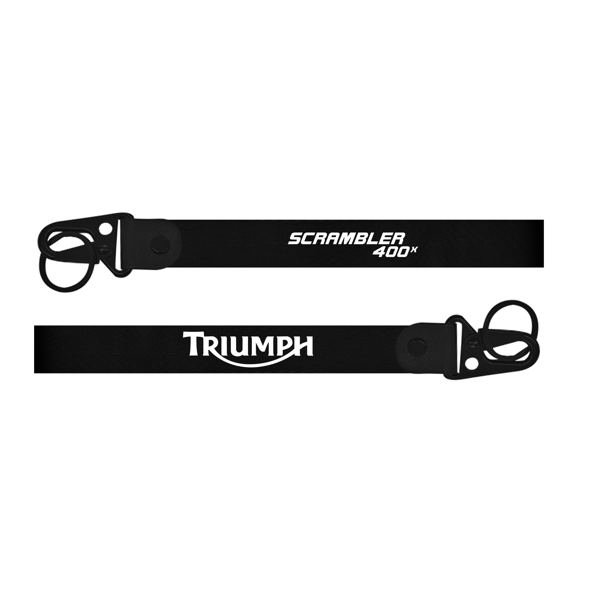 Two black lanyards with 'Scrambler 400' and 'Triumph' branding on a white background.