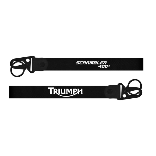 Two black lanyards with 'Scrambler 400' and 'Triumph' branding on a white background.