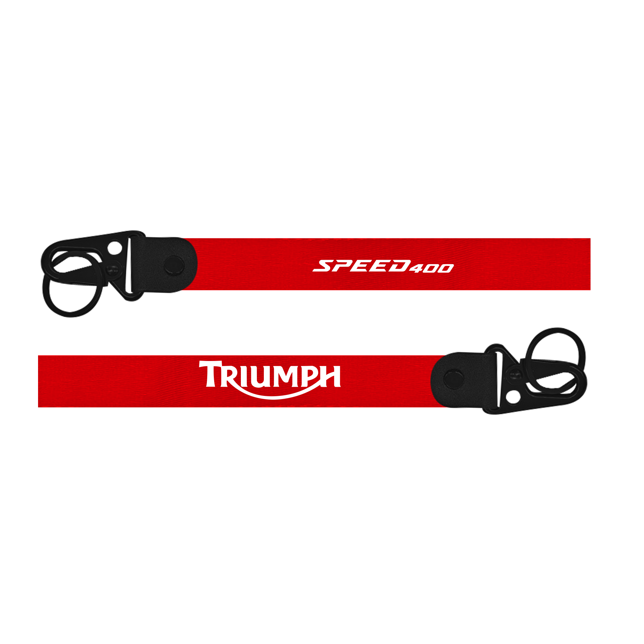 Two red lanyards with 'Speed400' and 'Triumph' branding on a white background