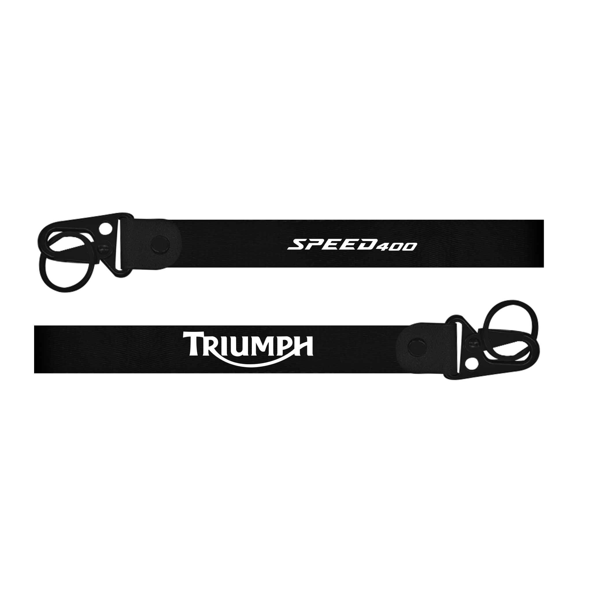 Two black lanyards with 'SPEED400' and 'Triumph' branding on a white background.