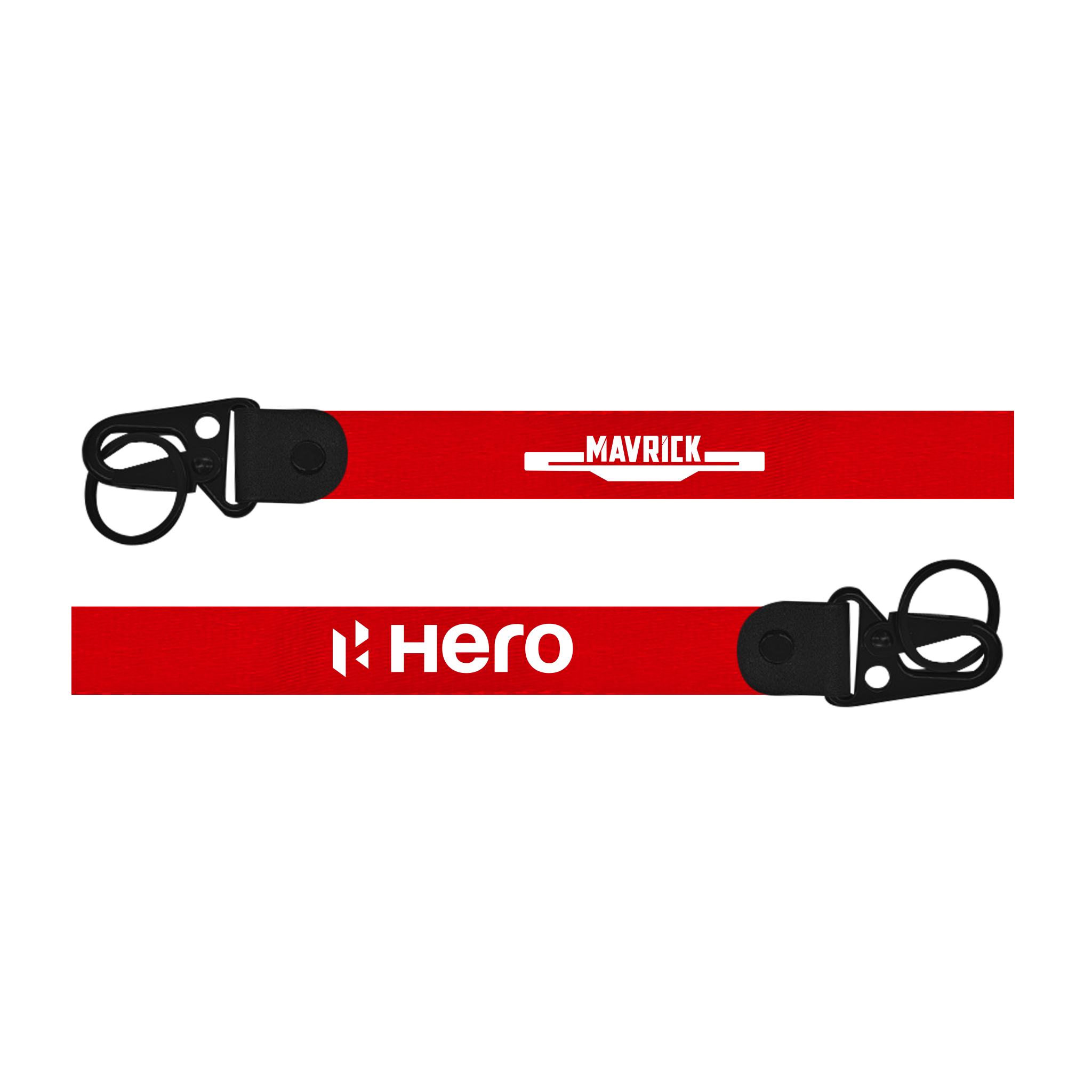 Two red lanyards with 'Maverick' and 'Hero' branding on a white background