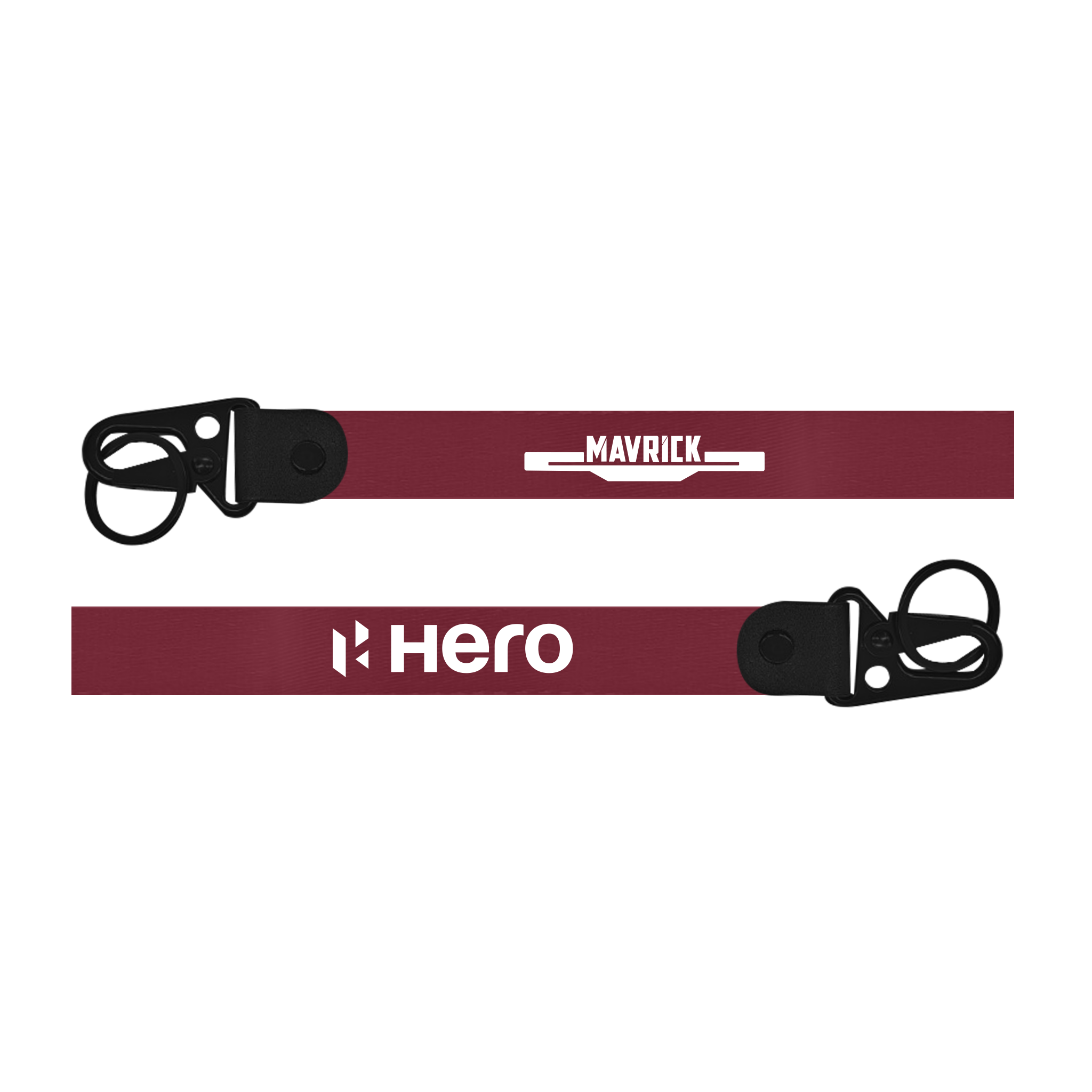 Two red dog leashes with 'Maverick' and 'Hero' branding on a white background