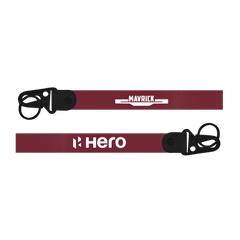 Two red dog leashes with 'Maverick' and 'Hero' branding on a white background