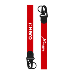 Red lanyard with black clips and 'Hero' branding on a white background