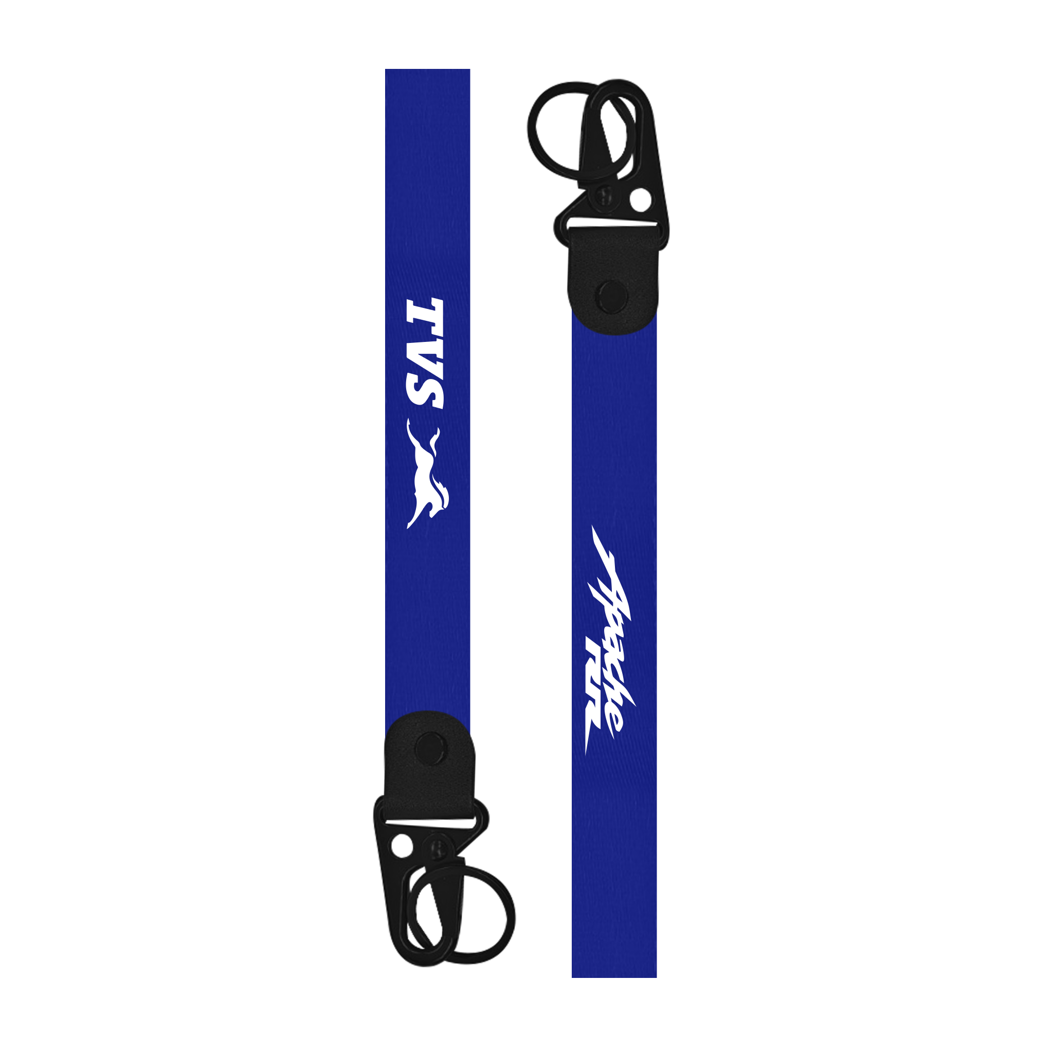Two blue lanyards with 'Apache' and 'TVS' logos on a white background