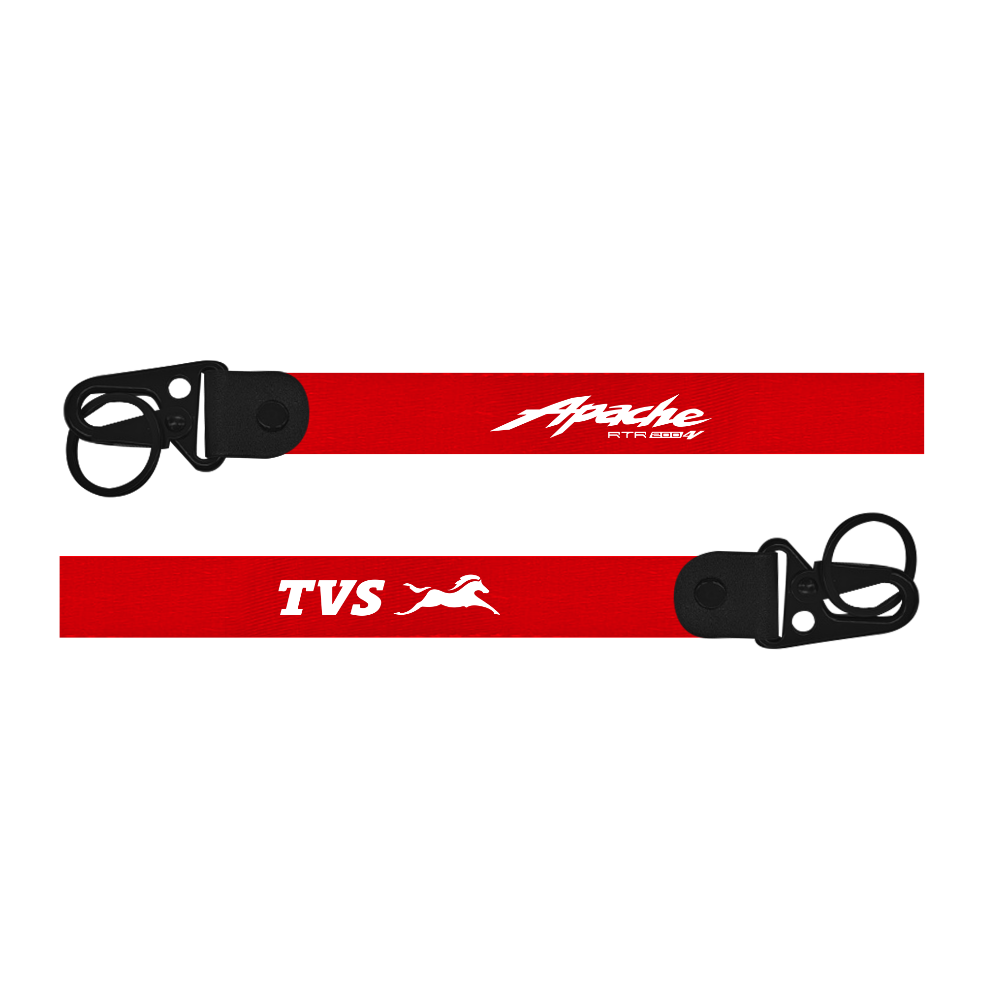Two red lanyards with black clip ends featuring Apache and TVS logos on a white background.
