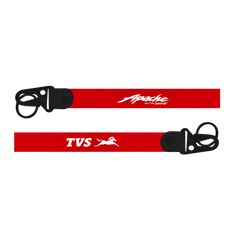 Two red lanyards with black clip ends featuring Apache and TVS logos on a white background.