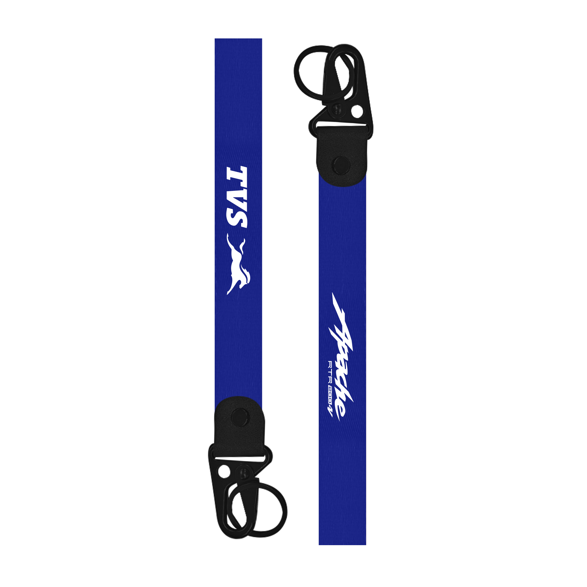 Two blue lanyards with 'Apache' and 'TVS' branding on a white background