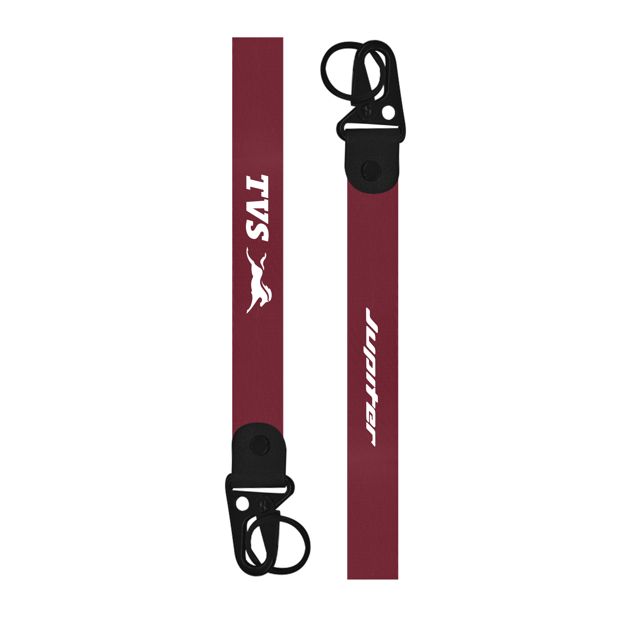 Two maroon lanyards with 'Jupiter' and 'TVS' branding on a white background