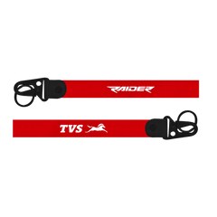 Two red lanyards with 'TVS' and 'Raider' branding on a white background