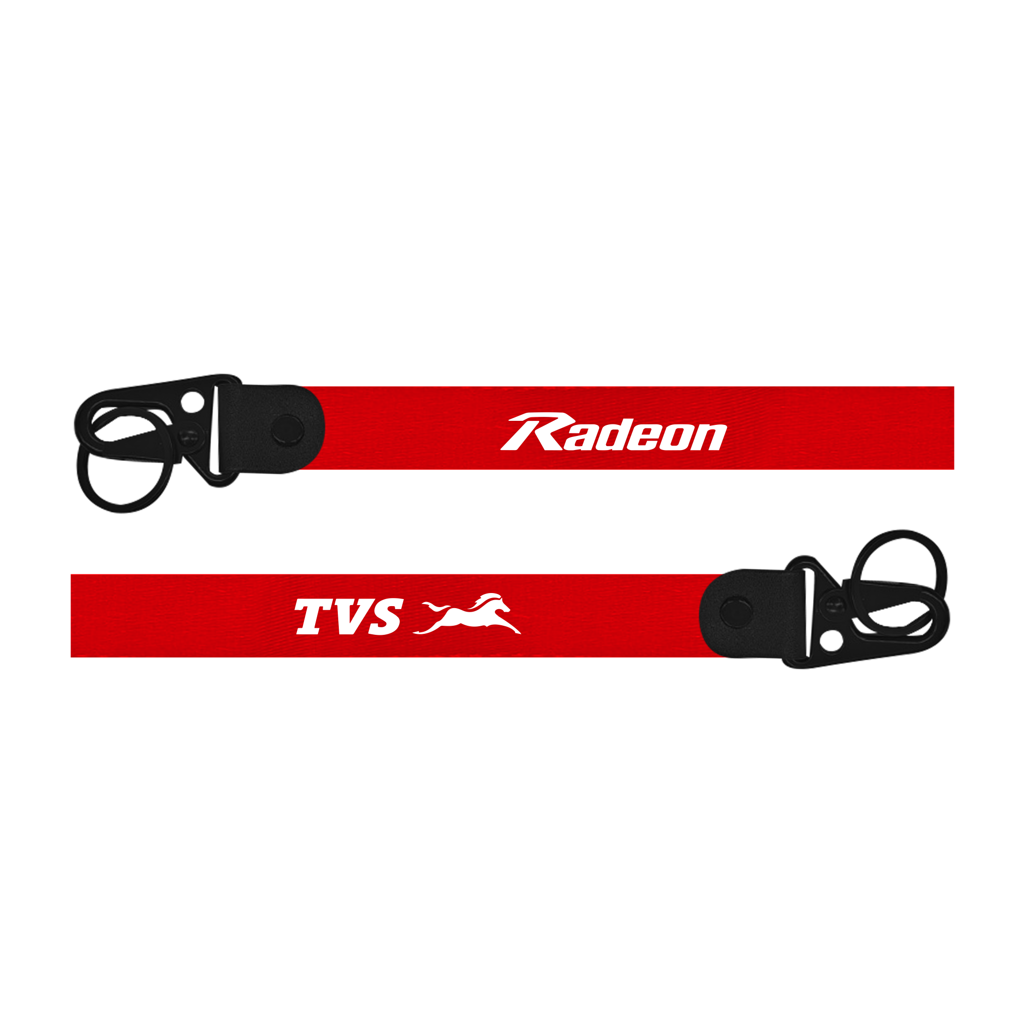 Two red lanyards with 'Radeon' and 'TVS' logos on a white background