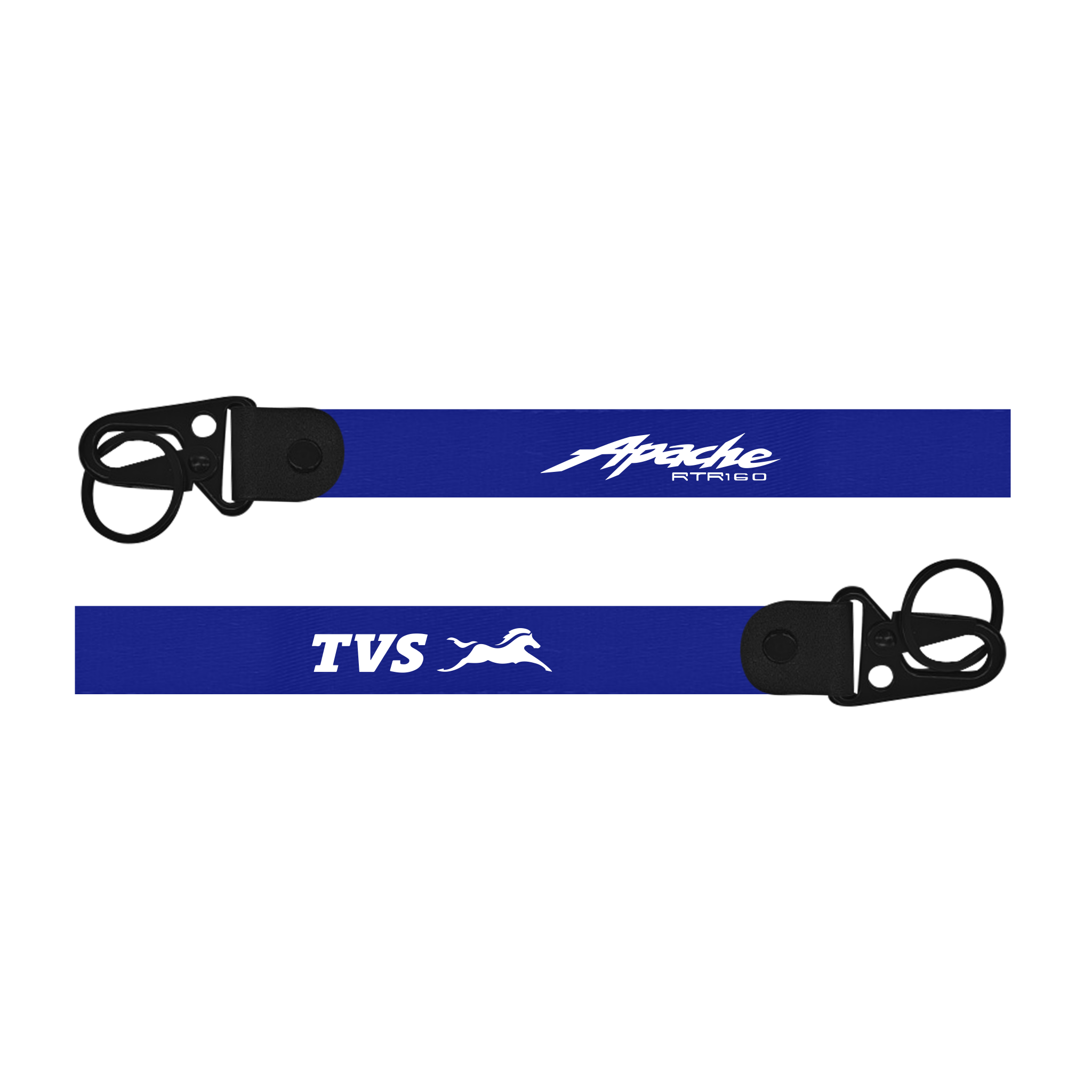 Two blue lanyards with 'Apache' and 'TVS' branding on a white background