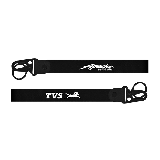 Two black belts with 'Apache' and 'TVS' branding on a white background