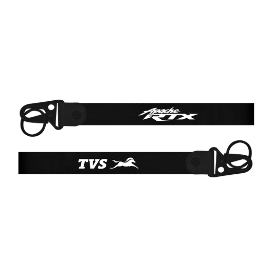 Two black belts with 'Apache RTX' and 'TVS' logos on a white background