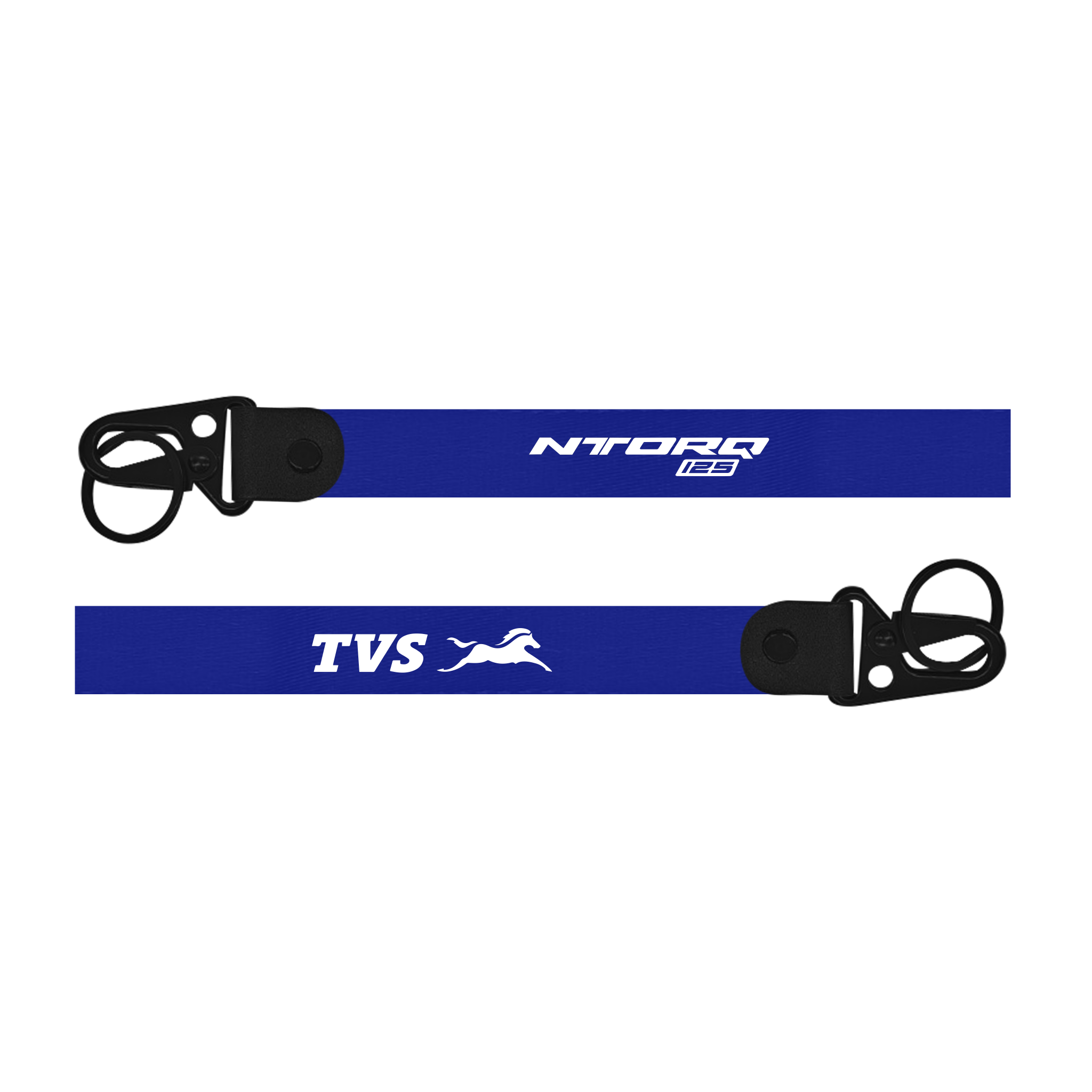 Two blue straps with black buckles and visible branding on a white background