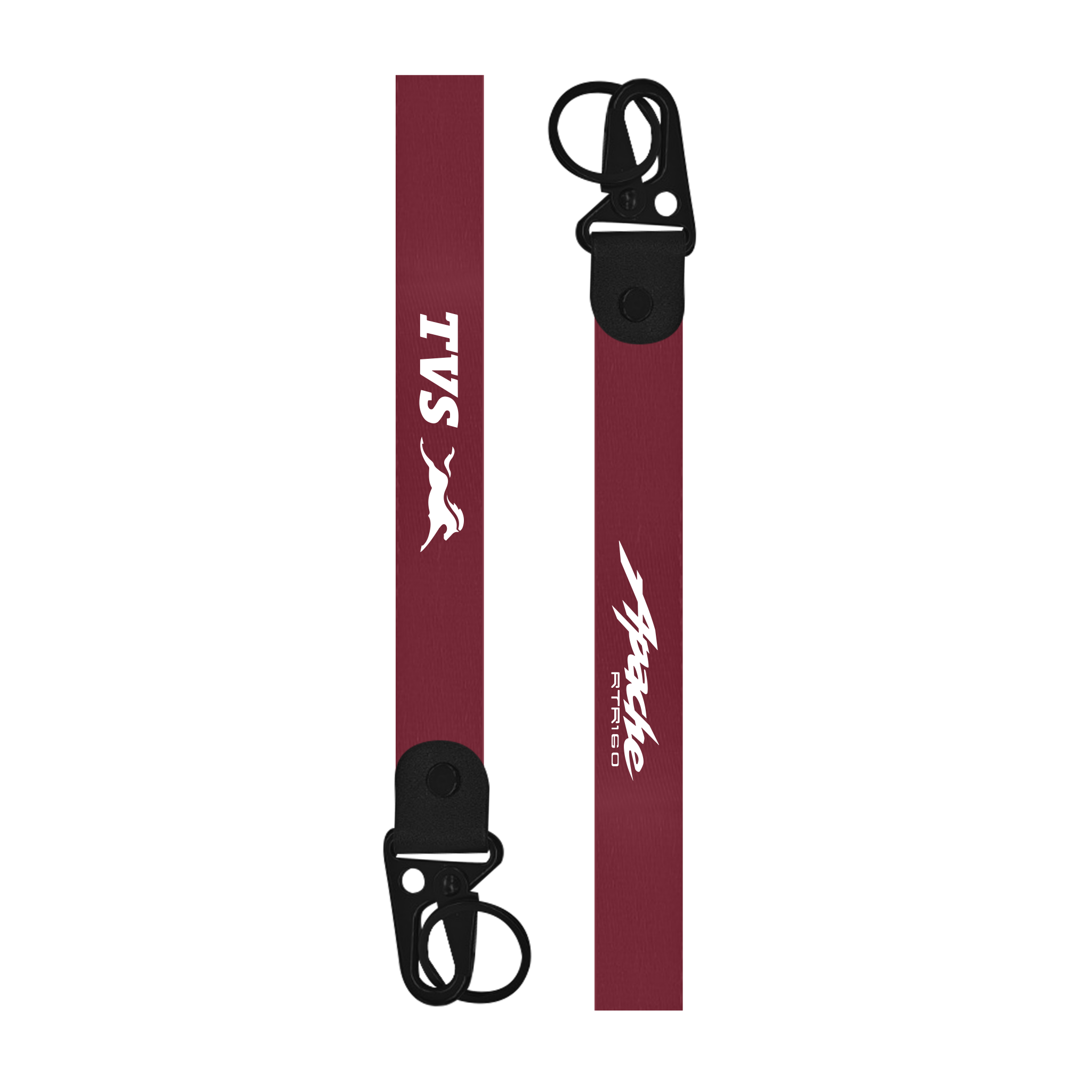 Maroon lanyard with 'TVS Apache' branding on a white background