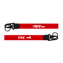Two red lanyards with 'Apache RTX' and 'TVS' branding on a white background