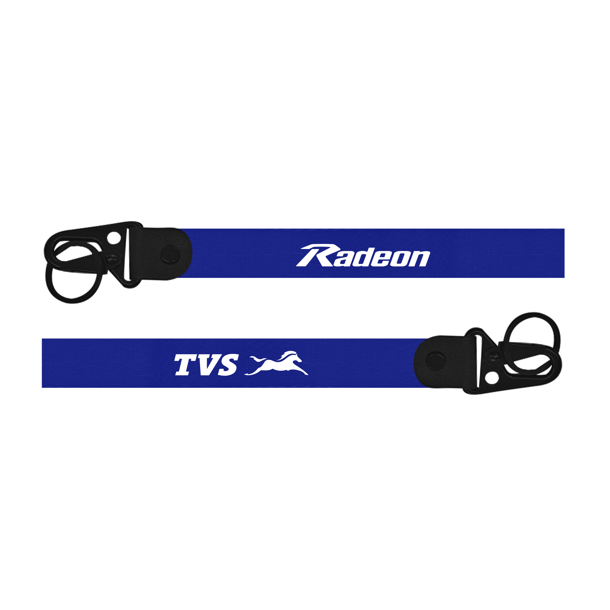 Two blue lanyards with 'Radeon' and 'TVS' logos on a white background