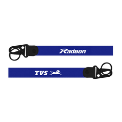 Two blue lanyards with 'Radeon' and 'TVS' logos on a white background
