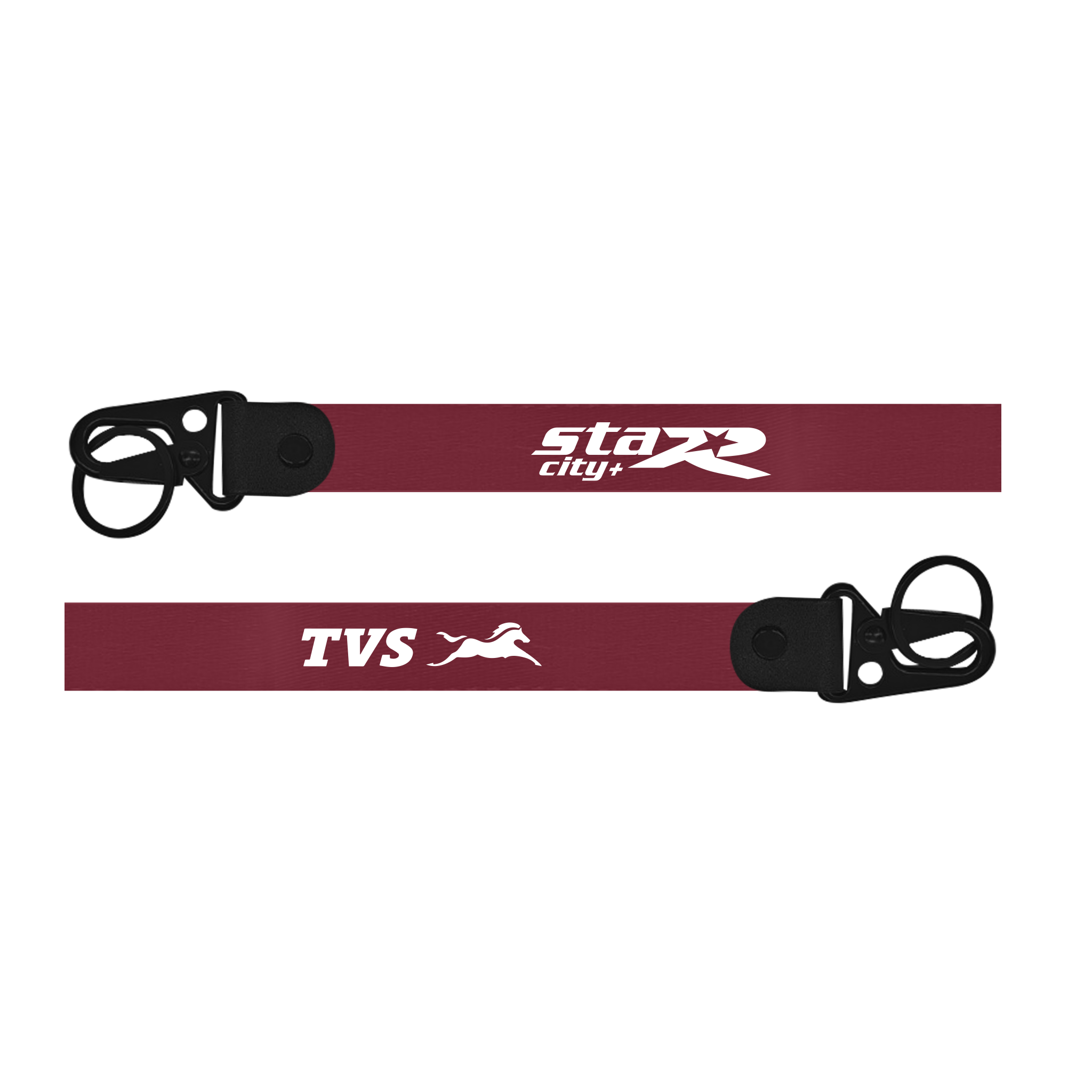 Two maroon lanyards with 'TVS' and 'Star City+' logos on a white background