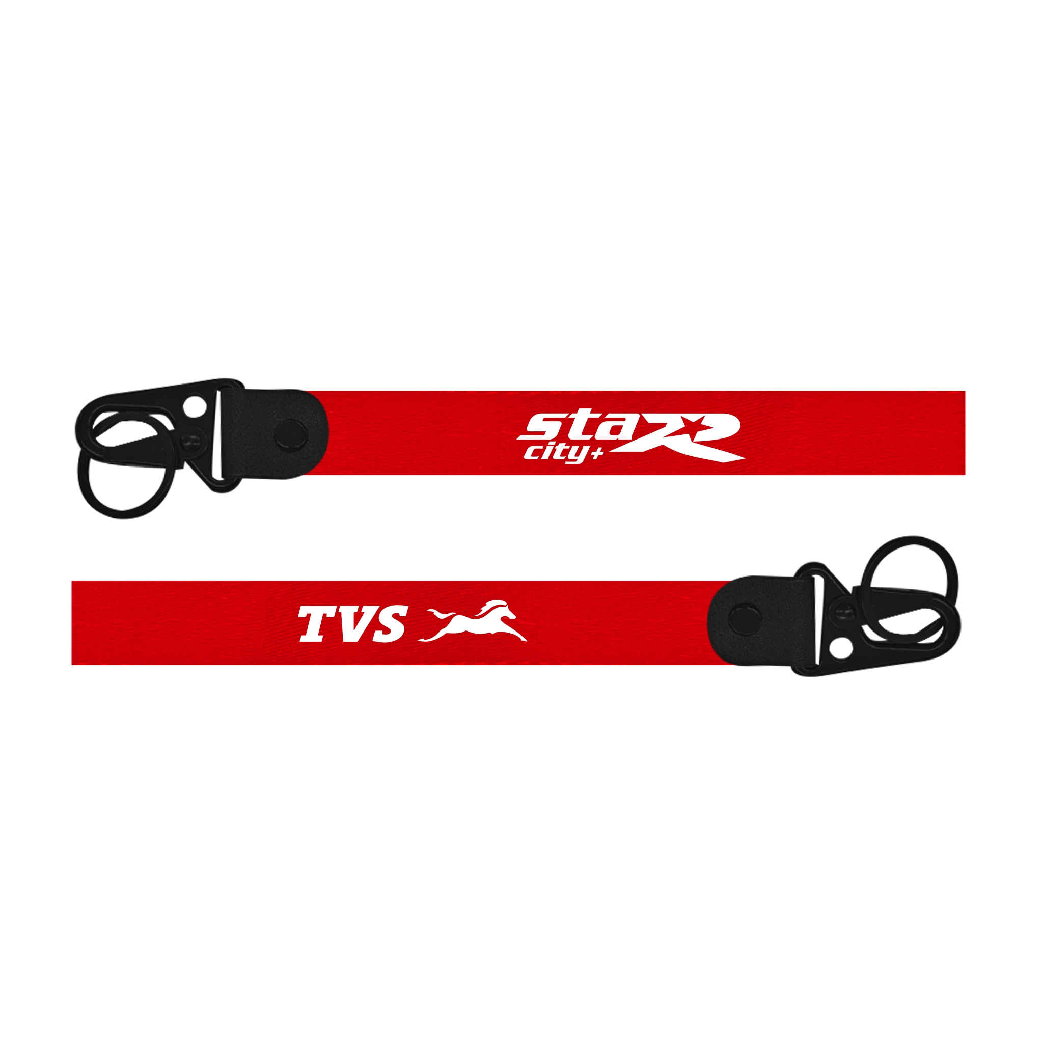 Red lanyard with 'TVS' and 'Starr' branding on a white background