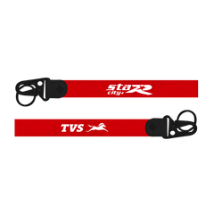 Red lanyard with 'TVS' and 'Starr' branding on a white background