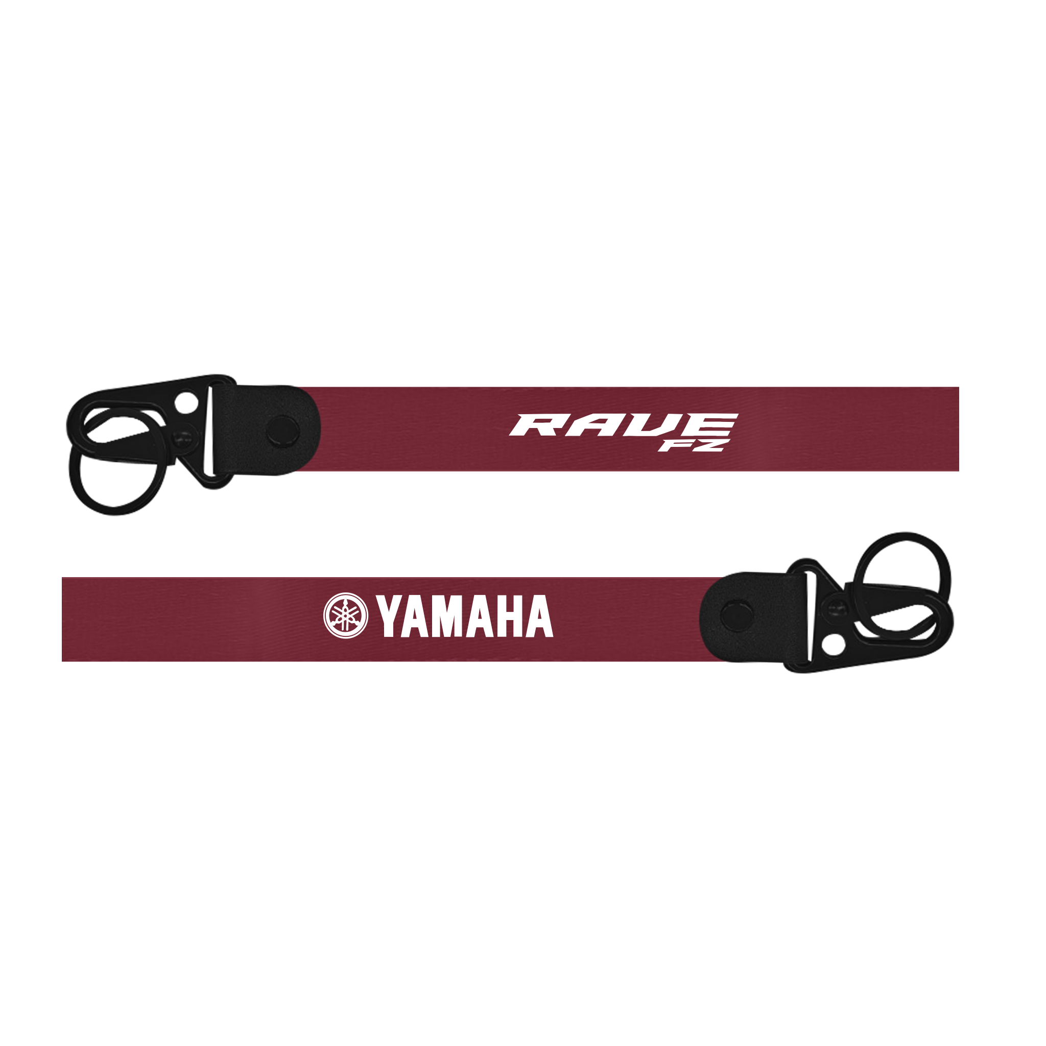 Two red lanyards with 'RAVE FZ' and 'Yamaha' branding on a white background