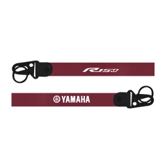 Two red lanyards with 'R15' and 'Yamaha' logos on a white background