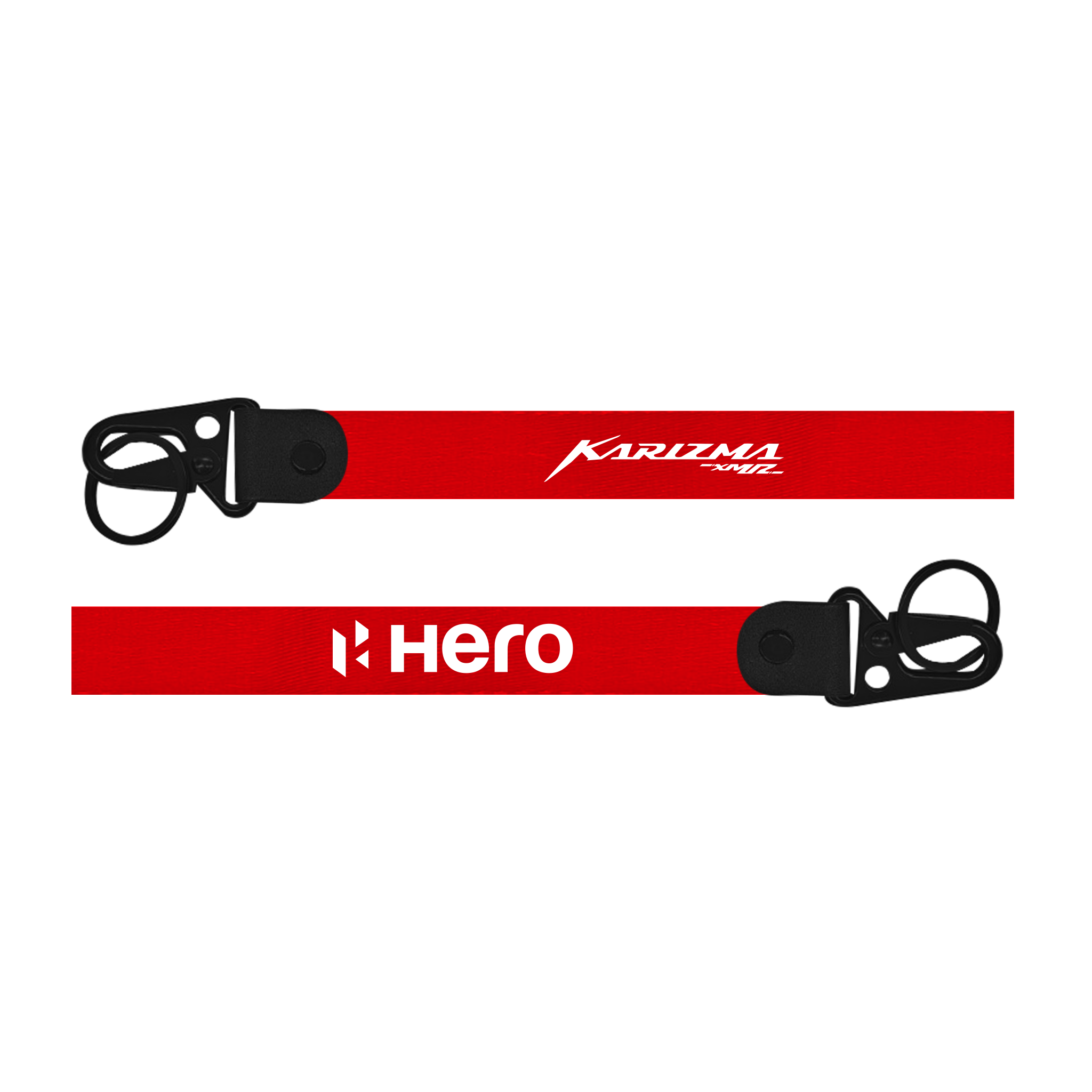 Two red lanyards with 'Karizma' and 'Hero' branding on a white background
