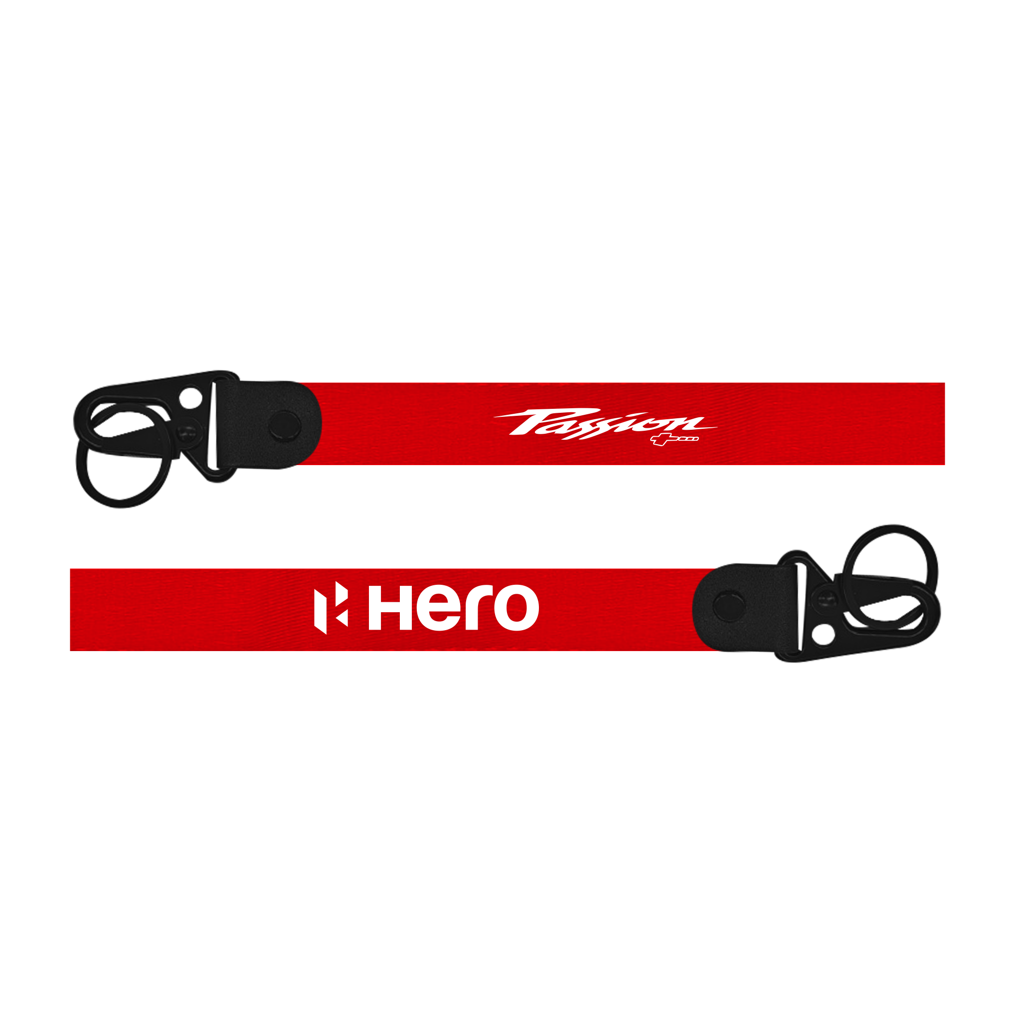 Two red straps with black buckles and logos on a white background