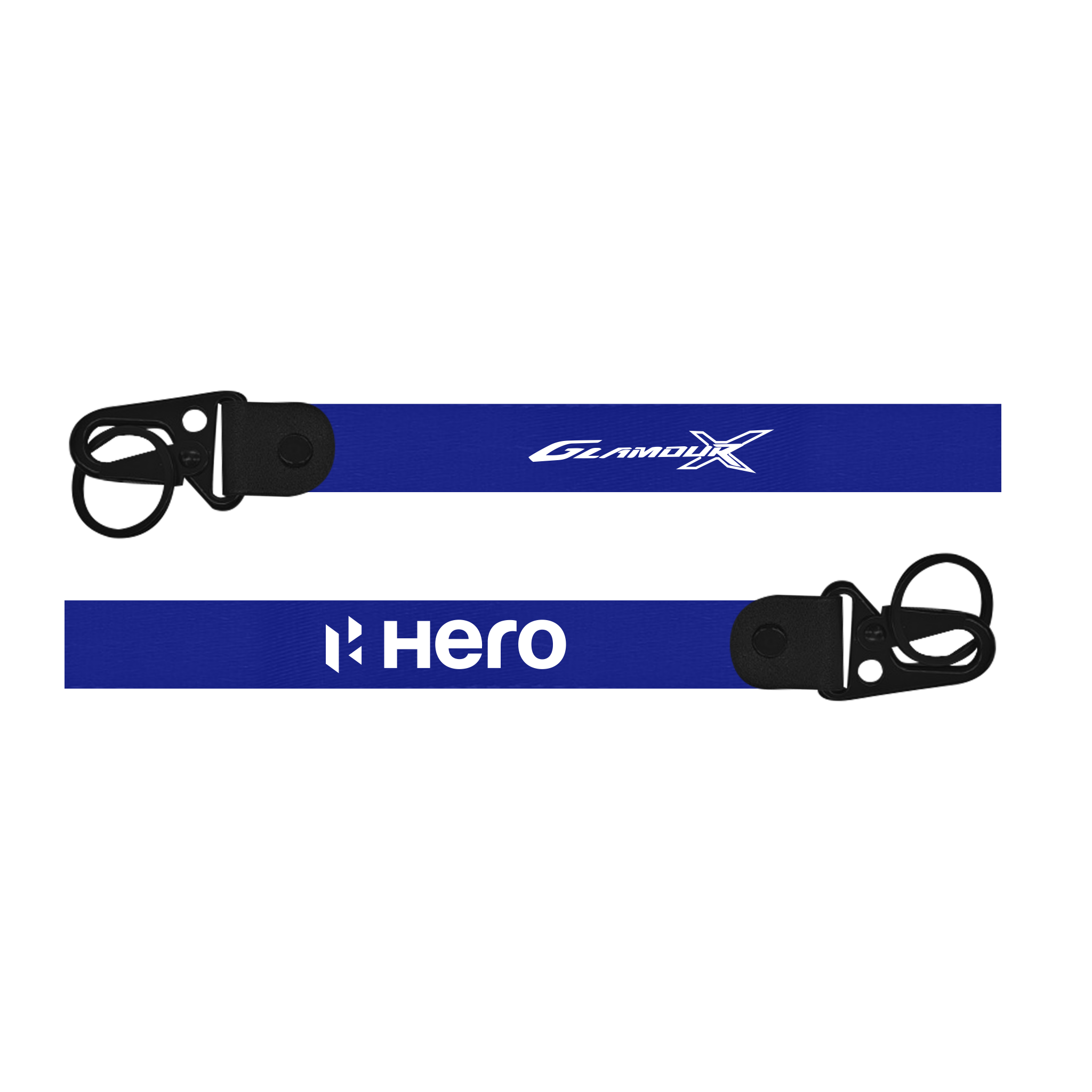 Two blue lanyards with 'GlamorX' and 'Hero' branding on a white background