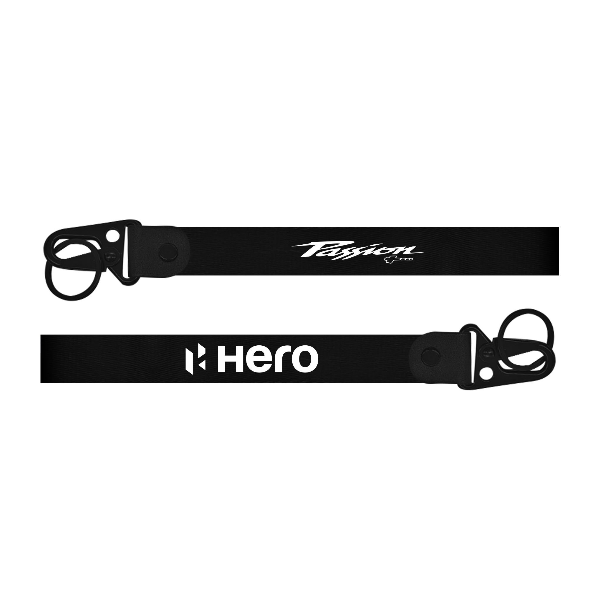 Two black straps with 'Passion' and 'Hero' branding on a white background
