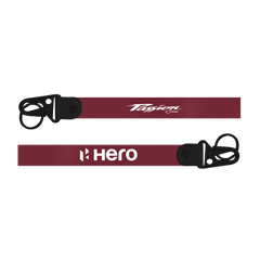 Two maroon lanyards with black ends and logos on a white background